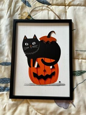 Black Cat on Jack-O'-Lantern Halloween Wall Art - Orange & Black